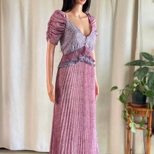 NWT En Saison Charlotte Midi Dress Purple Floral Pleated Puff Sleeve Ruffle Sz S